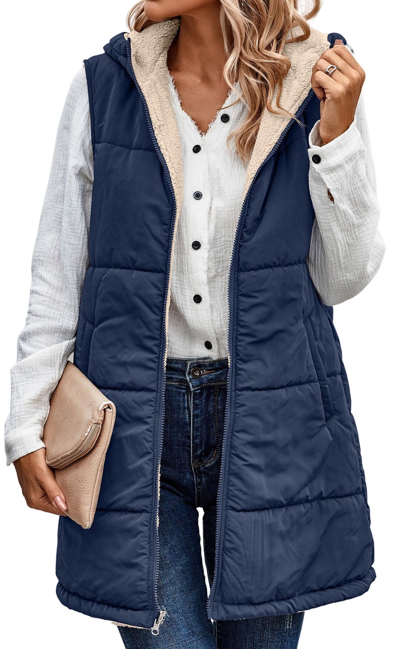ECOWISH Women Long Puffer Vest Fall Zip up Reversible Fleece Jacket 2025 Winter Warm Sleeveless Hooded Coat with Pockets Navy Blue XL