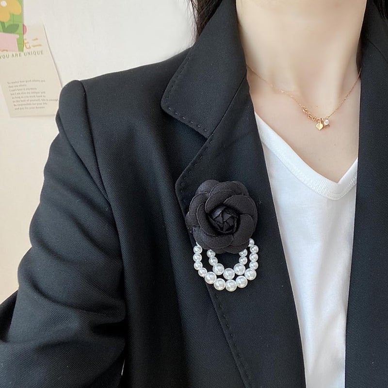 FUTIMELY Elegant Camellia Flower Pearl Brooch Pin for Women Girls,Vintage Floral Hairpin Headpieces Brooch Clothing Bag Scarf Decoration Shawl Pins Jewerly (Black) - Image 2