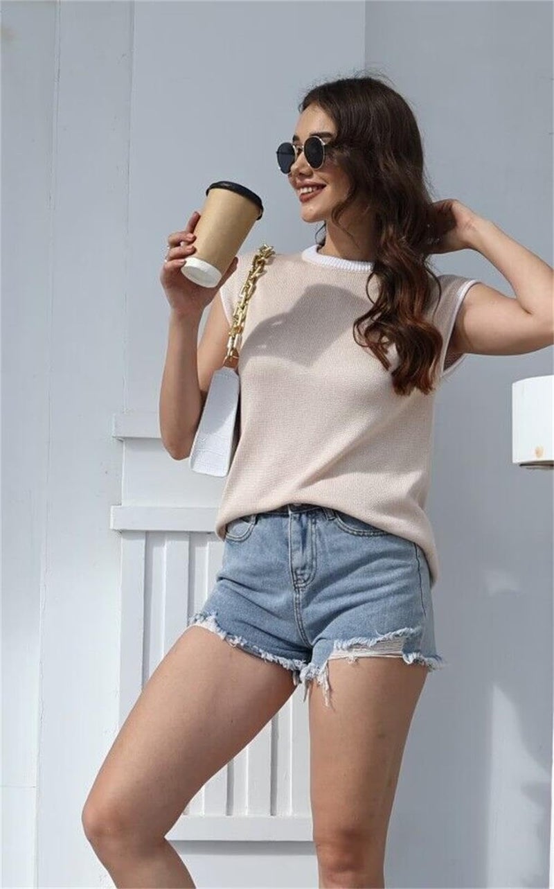 Disamer Cap Sleeve Knit Sweater Tops Sleeveless Vest 2025 Spring Clothes Oversized Summer Tank Trendy Short Sleeve T Shirts,Apricot,Large - Image 2