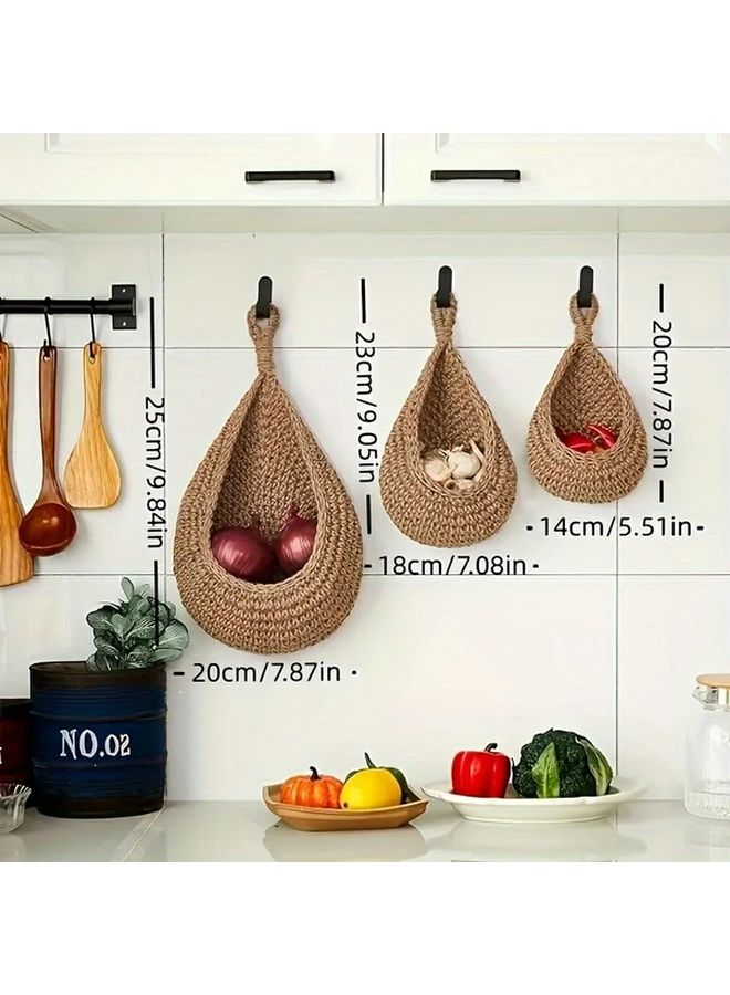 Three Piece Woven Basket Set Bohemian Macrame Wall Hanging Kitchen Storage Organizer - Image 2