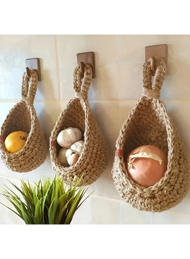 Three Piece Woven Basket Set Bohemian Macrame Wall Hanging Kitchen Storage Organizer - Image 1