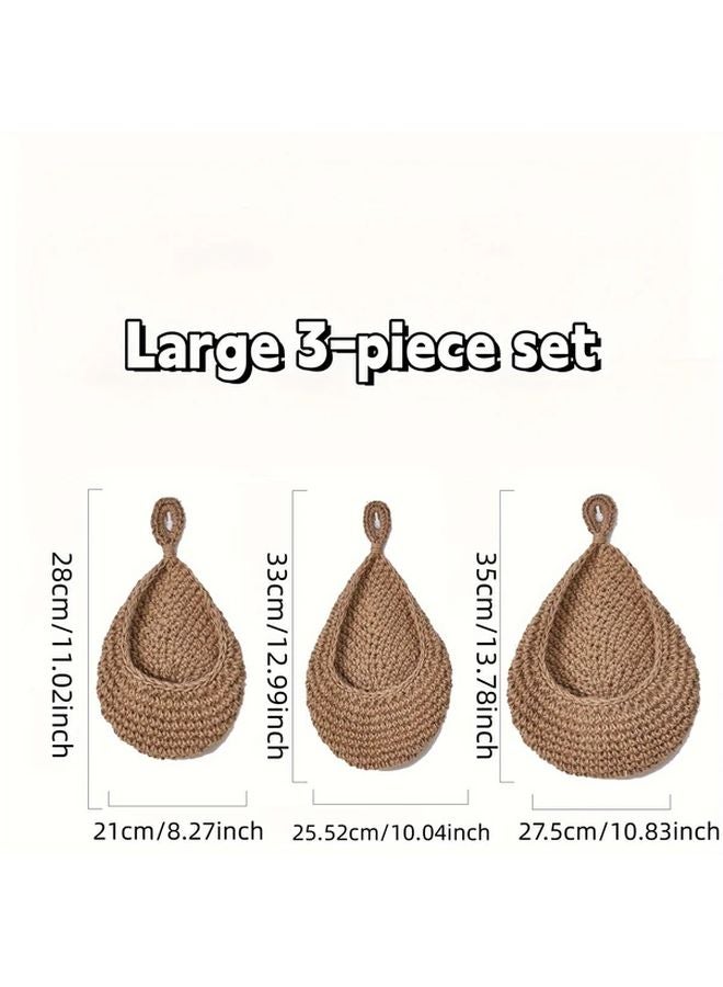 Three Piece Woven Basket Set Bohemian Macrame Wall Hanging Kitchen Storage Organizer - Image 4