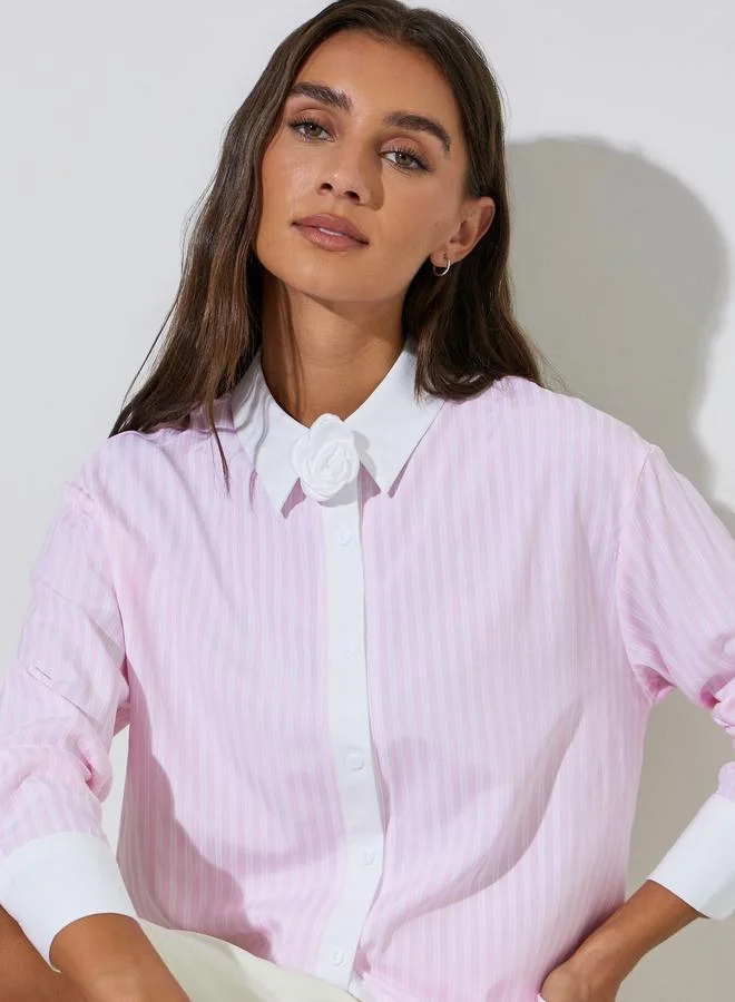 Styli Pink Striped Contrast Trims Long Sleeves Oversized Shirt