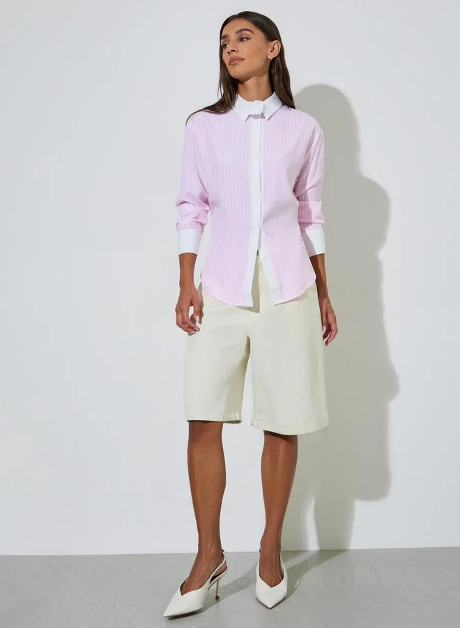 Styli Pink Striped Contrast Trims Long Sleeves Oversized Shirt