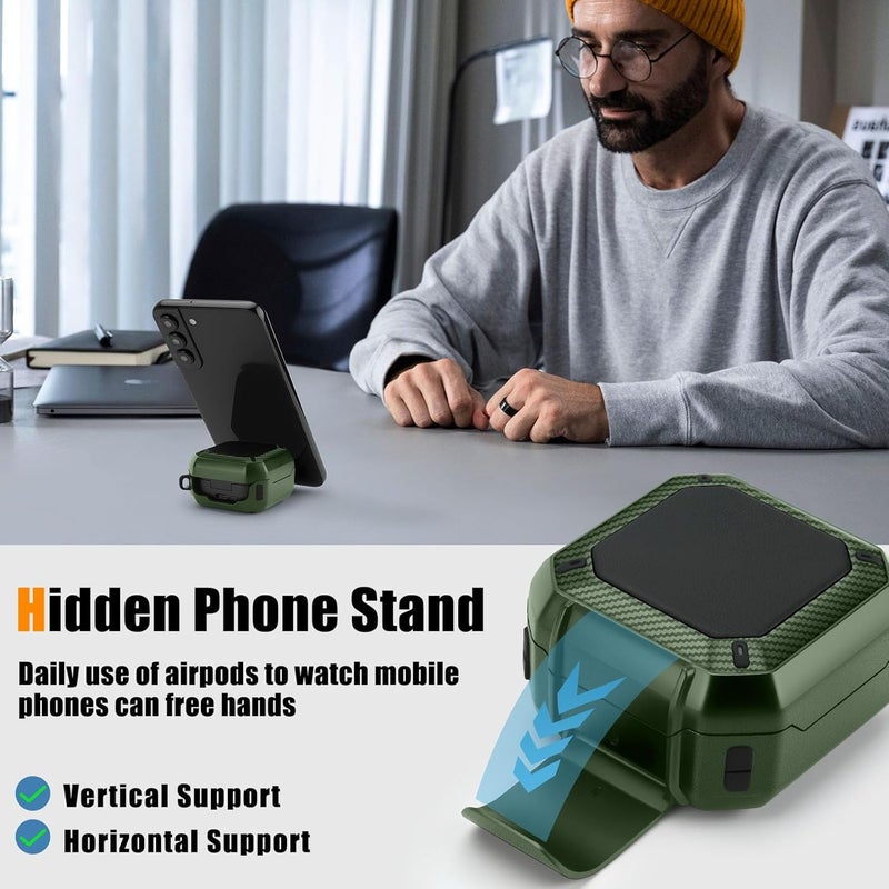 Anlinser Compatible with Samsung Galaxy Buds 4 Pro Case/Galaxy Buds 4 Case, Carbon Fiber Texture Design Cover with Phone Stand, Army Green - Image 5