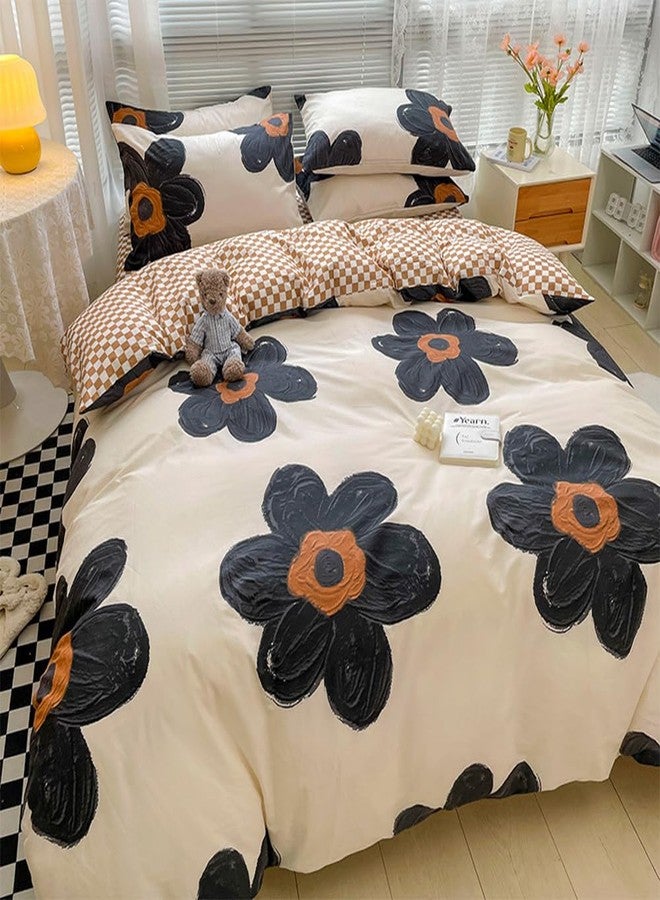 CLOTHKNOW Sunflower California King Comforter Set 3Pcs Black Floral Bedding Comforter Sets Brown Grid Comforter Boho Comforter Sets Cal King - Image 3