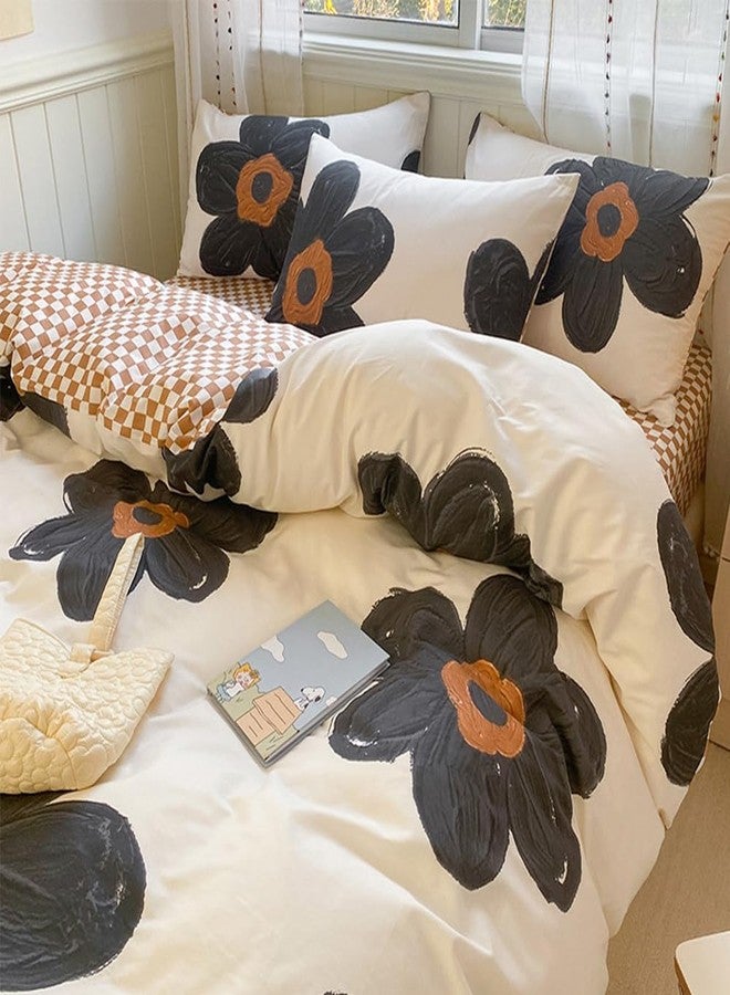 CLOTHKNOW Sunflower California King Comforter Set 3Pcs Black Floral Bedding Comforter Sets Brown Grid Comforter Boho Comforter Sets Cal King - Image 4