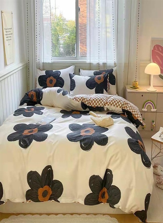 CLOTHKNOW Sunflower California King Comforter Set 3Pcs Black Floral Bedding Comforter Sets Brown Grid Comforter Boho Comforter Sets Cal King - Image 5