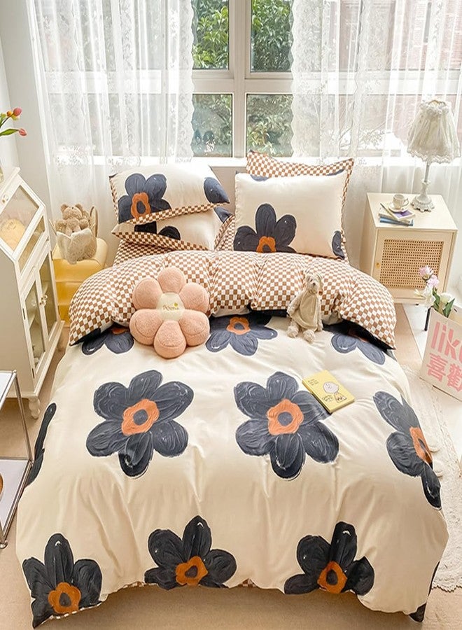 CLOTHKNOW Sunflower California King Comforter Set 3Pcs Black Floral Bedding Comforter Sets Brown Grid Comforter Boho Comforter Sets Cal King - Image 1