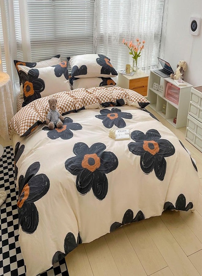 CLOTHKNOW Sunflower California King Comforter Set 3Pcs Black Floral Bedding Comforter Sets Brown Grid Comforter Boho Comforter Sets Cal King - Image 2
