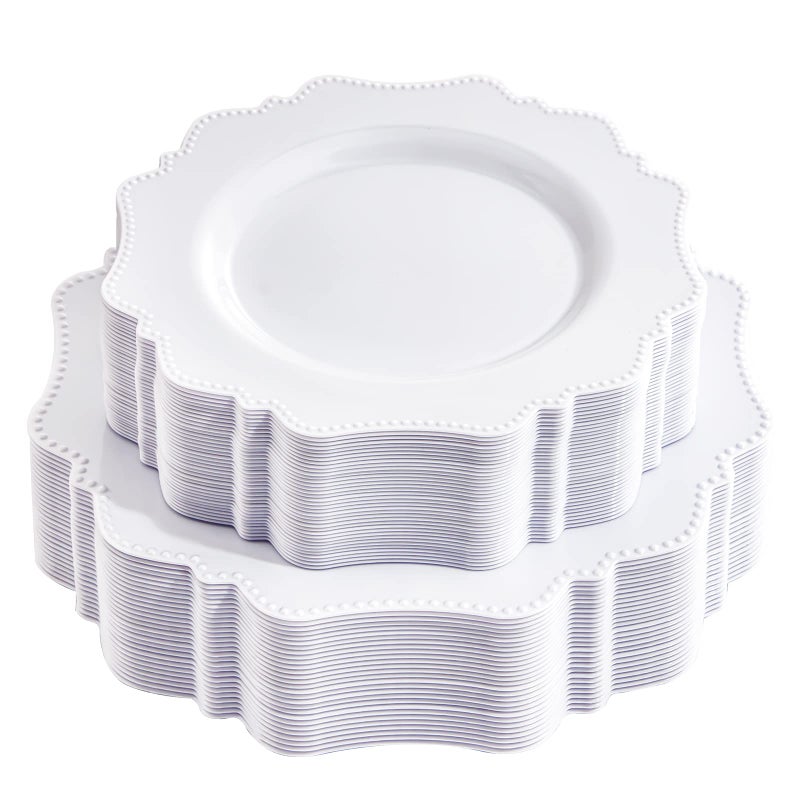 COLOSUS 60PCS White Plastic Plates for 30 guests-Fancy Plastic Beaded Plates,Plastic Plates for Party, Elegant White plates,Include 30 PCS 10.5" Dinner plates & 30PCS 8.25" Dessert plates for easter - Image 1