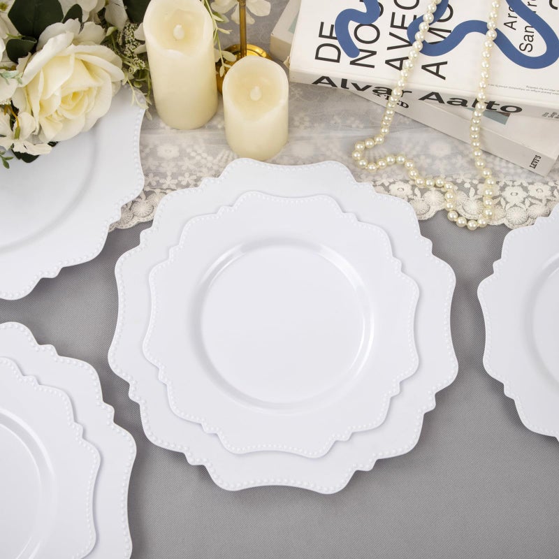 COLOSUS 60PCS White Plastic Plates for 30 guests-Fancy Plastic Beaded Plates,Plastic Plates for Party, Elegant White plates,Include 30 PCS 10.5" Dinner plates & 30PCS 8.25" Dessert plates for easter - Image 3