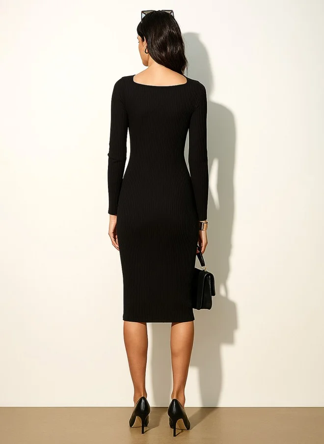 SASSAFRAS Black Bodycon Midi Dress for Women