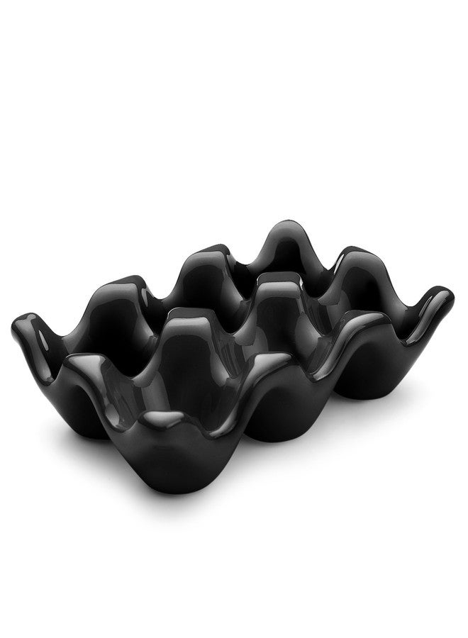 Flexzion Ceramic Egg Holder for Fridge - 6 Cups Egg Tray Half Dozen Porcelain Container Keeper Storage Organizer Decorative Serving Dish Serveware for Refrigerator Countertop Display Kitchen (Black) - Image 1