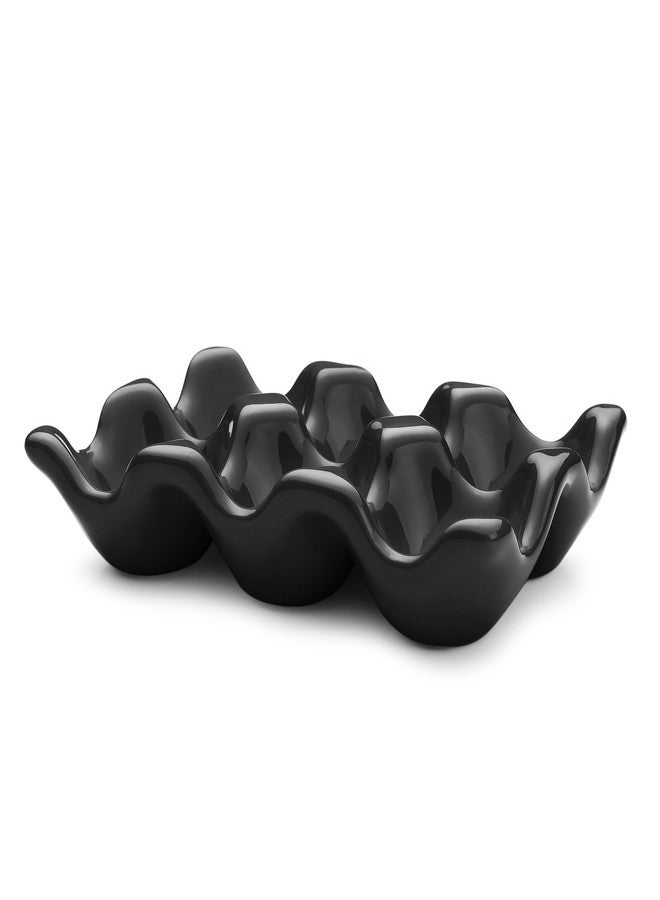 Flexzion Ceramic Egg Holder for Fridge - 6 Cups Egg Tray Half Dozen Porcelain Container Keeper Storage Organizer Decorative Serving Dish Serveware for Refrigerator Countertop Display Kitchen (Black) - Image 2