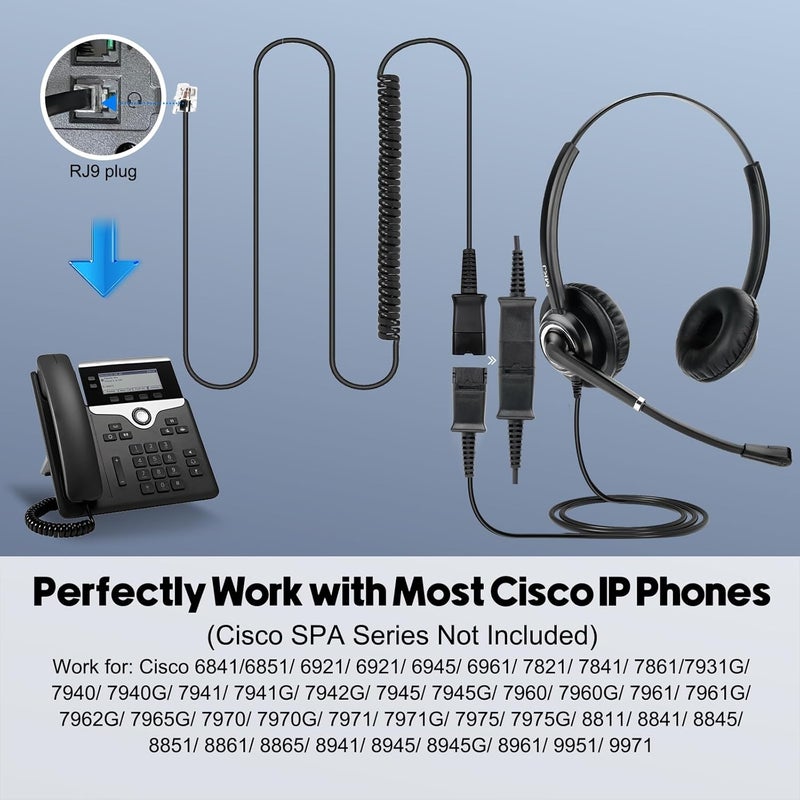 MKJ Telephone Headset with Microphone Noise Canceling Corded RJ9 Dual Ear Cisco Headset for Cisco Landline Phone CP-7821 CP-7841 7931G 7940 7942G 7945G 7960 7962G 7965G 7970 8841 8865 8961 9951 - Image 5