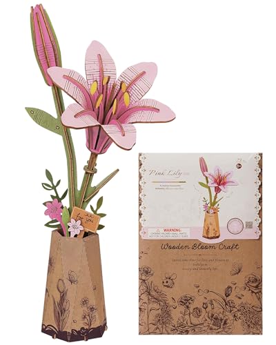 Wowood 3D Flower Wooden Puzzles for AdultsPink Lily DIY Wooden Flowers Model Kit Building Set Crafts for Adults to Build Botanical CollectionIdeal Creative Gift IdeasHousewarming 73PCS - Image 1