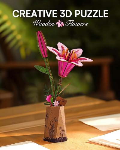 Wowood 3D Flower Wooden Puzzles for AdultsPink Lily DIY Wooden Flowers Model Kit Building Set Crafts for Adults to Build Botanical CollectionIdeal Creative Gift IdeasHousewarming 73PCS - Image 5