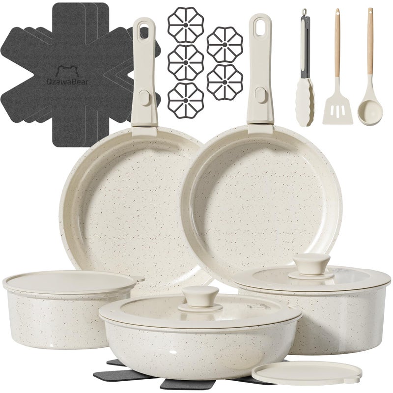 OzawaBear 23 Pcs Pots and Pans Set Non Stick, Ceramic Cookware Set Non Toxic with Detachable Handles, Healthy Induction Cookware Oven Safe RV Kitchen Set, PFAS PFOA & PTFE Free, Cream White - Image 1