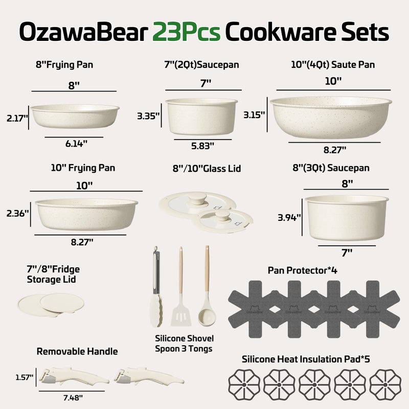 OzawaBear 23 Pcs Pots and Pans Set Non Stick, Ceramic Cookware Set Non Toxic with Detachable Handles, Healthy Induction Cookware Oven Safe RV Kitchen Set, PFAS PFOA & PTFE Free, Cream White - Image 2