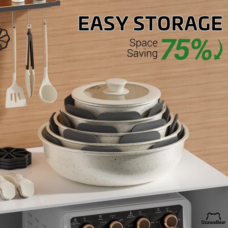 OzawaBear 23 Pcs Pots and Pans Set Non Stick, Ceramic Cookware Set Non Toxic with Detachable Handles, Healthy Induction Cookware Oven Safe RV Kitchen Set, PFAS PFOA & PTFE Free, Cream White - Image 4