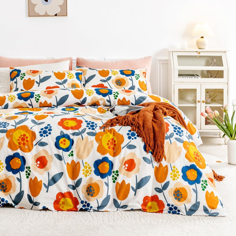 SUSYBAO Kawaii Flower Duvet Cover Queen 100% Cotton 3 Pcs Set 1 Cute Blue Yellow Floral Duvet Cover with Zipper Ties 2 Pillowcases Cartoon Burnt Orange Botanical Bedding Set Soft Breathable - Image 2