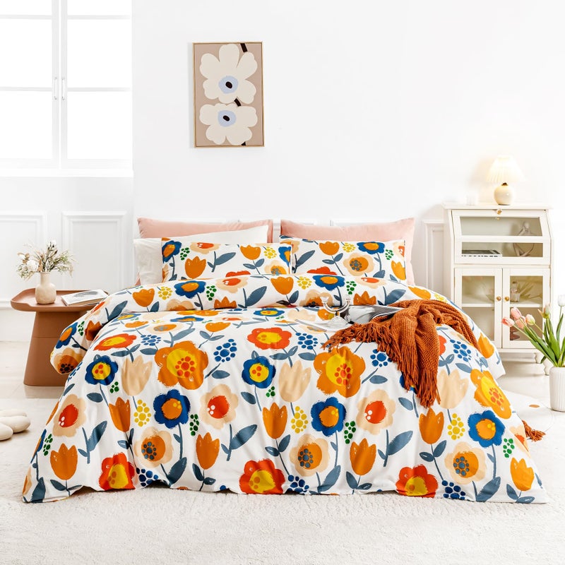 SUSYBAO Kawaii Flower Duvet Cover Queen 100% Cotton 3 Pcs Set 1 Cute Blue Yellow Floral Duvet Cover with Zipper Ties 2 Pillowcases Cartoon Burnt Orange Botanical Bedding Set Soft Breathable - Image 1