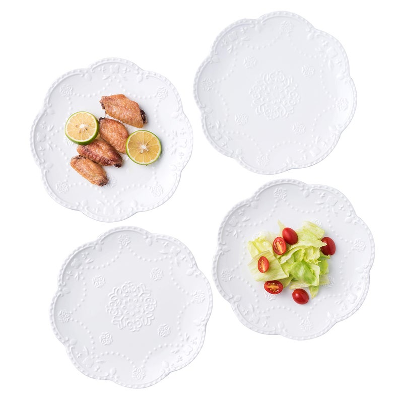 Jusalpha Embossed Lace Porcelain PlateDinner Plate Set PastaSaladDessert Plate Tableware Set for Restaurant Family Party Kitchen Use 4 Pieces FDPL15 10 Inche White