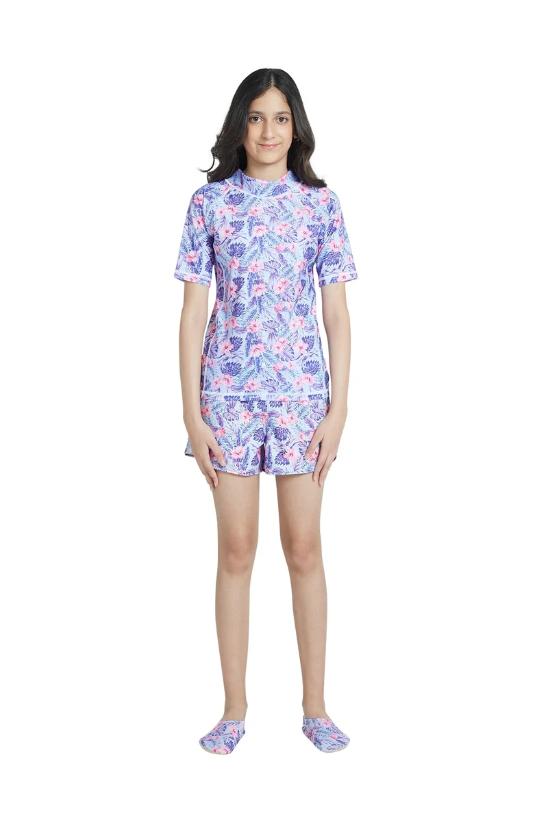 COEGA SUNWEAR COEGA Girls Youth Rashguard Short Sleeve - Navy Pink Tropical