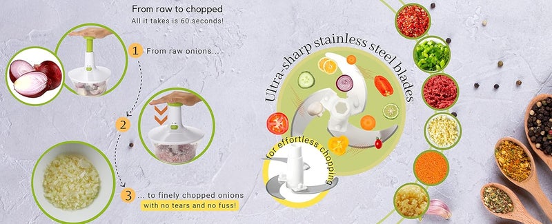 Brieftons Express Manual Food Chopper: 6.8-Cup, Hand Chopper Vegetable Cutter to Chop Veggies, Fruits, Herbs, Garlic Onion Chopper for Salsa, Salad, Pesto, Hummus, Guacamole, Coleslaw, Indian Cooking - Image 4