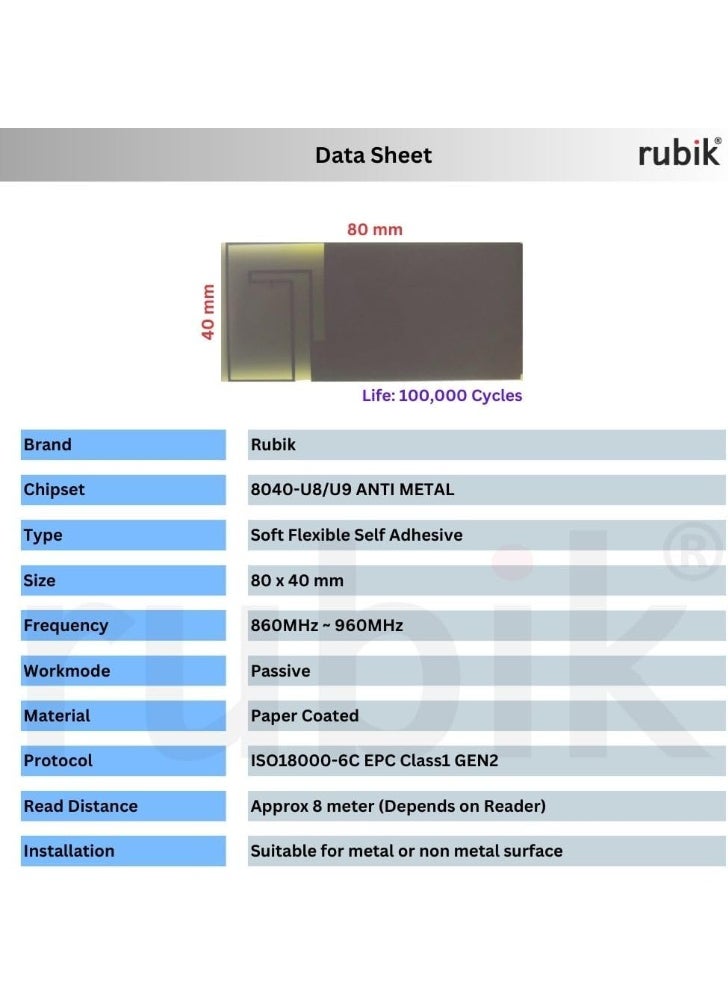 Rubik Soft Anti Metal UHF Tags Flexible Labels 8040-U8/U9 860Mhz-960Mhz Self Ahdesive Coated Paper Long Range Electronic RFID Tags EPCglobal Class 1 Gen 2 ISO18000-6C Protocol (6 Label Tags)  - Image 2