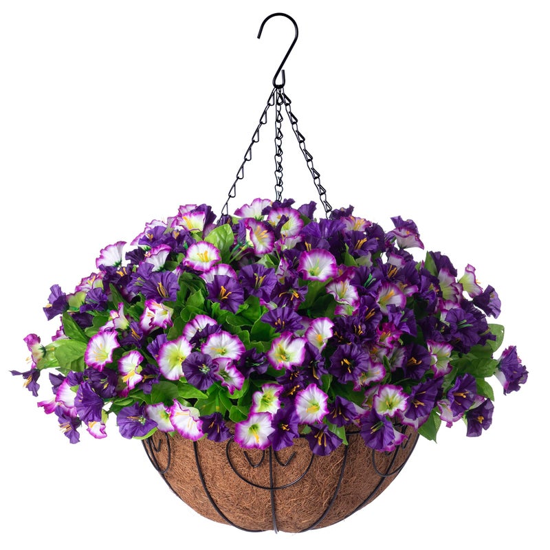 Ammyoo Artificial Hanging Flowers 12 inch Basket, Faux Silk Petunias Flower Arrangement,Coconut Lining Pot Planter with Morning Glories Patio Garden Porch Deck Spring Summer Decor(Purple Edge) - Image 1