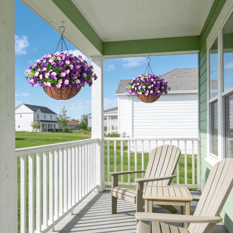 Ammyoo Artificial Hanging Flowers 12 inch Basket, Faux Silk Petunias Flower Arrangement,Coconut Lining Pot Planter with Morning Glories Patio Garden Porch Deck Spring Summer Decor(Purple Edge) - Image 5
