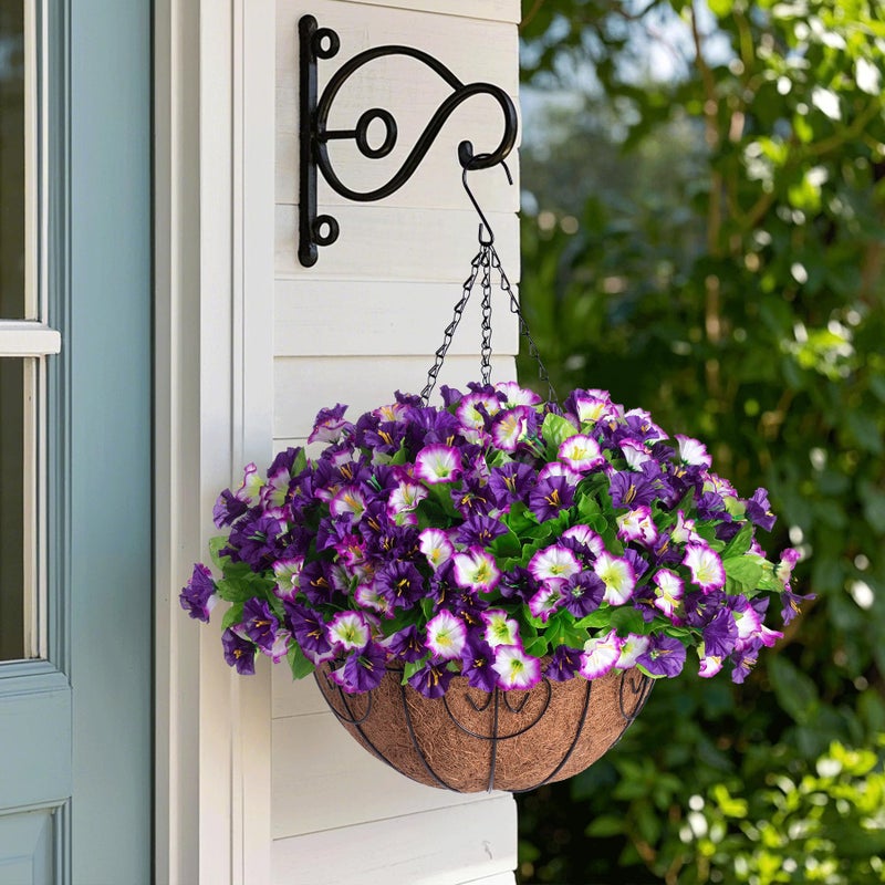 Ammyoo Artificial Hanging Flowers 12 inch Basket, Faux Silk Petunias Flower Arrangement,Coconut Lining Pot Planter with Morning Glories Patio Garden Porch Deck Spring Summer Decor(Purple Edge) - Image 2