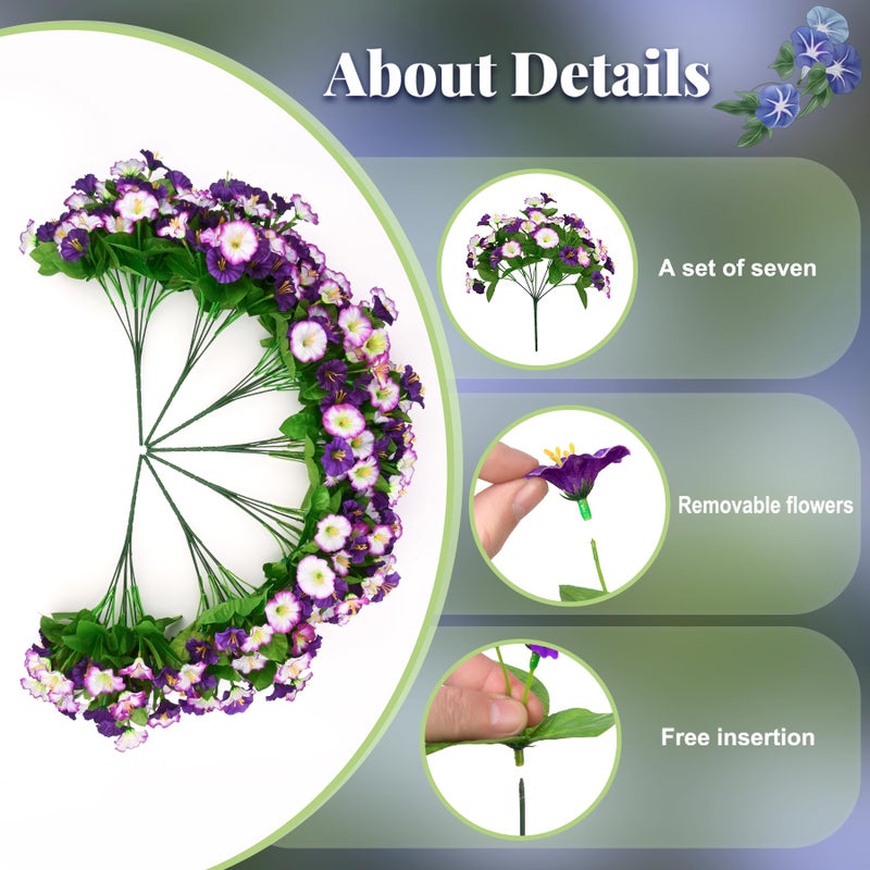 Ammyoo Artificial Hanging Flowers 12 inch Basket, Faux Silk Petunias Flower Arrangement,Coconut Lining Pot Planter with Morning Glories Patio Garden Porch Deck Spring Summer Decor(Purple Edge) - Image 4