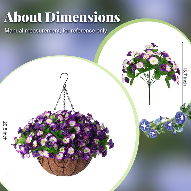 Ammyoo Artificial Hanging Flowers 12 inch Basket, Faux Silk Petunias Flower Arrangement,Coconut Lining Pot Planter with Morning Glories Patio Garden Porch Deck Spring Summer Decor(Purple Edge) - Image 3