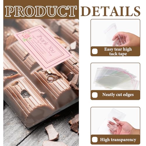 Yitexin 200 Pcs Chocolate Bar Wrappers 2.7" x 6.6", Self Sealing Candy Bar Wrappers with 210 Thank You Stickers, Clear Plastic Cellophane Treat Bags Packing for Party Favor Cookies Snack (Clear) - Image 3