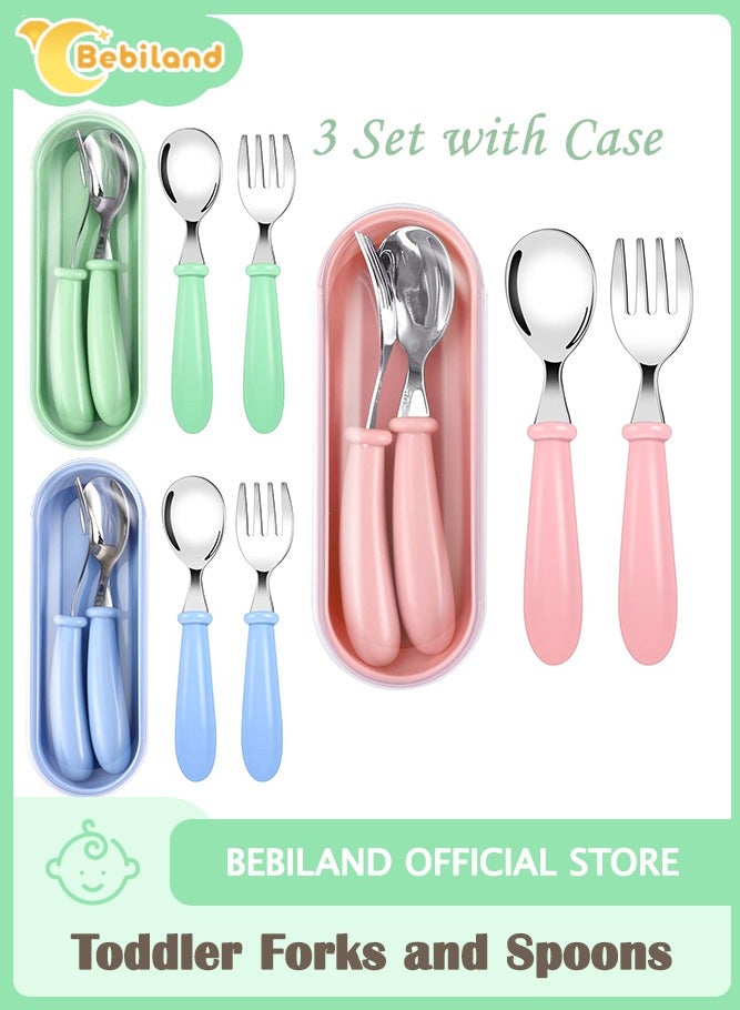 Bebiland 3-Piece Baby First Fork and Spoon Set, Stainless Steel Utensils Cutlery Kit with Travel Safe Carry Case for Toddler Self Feeding Learning, Multicolour - Image 1