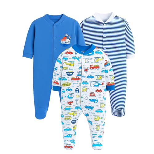 EIO 100% Cotton Rompers Sleepsuits Jumpsuit Night Suits, Pajama Set for Infants Newborn Baby Boys & Girls Pack of 3 (0-3 Months, Yellow, 12-18 Months, Royal Blue) - Image 1