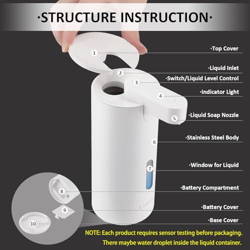 Crehora Automatic Soap Dispenser, Automatic Liquid Soap Dispenser Touchless, 12oz/340ml, 3-Level Adjustable, Battery Operated, Water-Resistant for Bathroom, Kitchen, and School, Clog-Free, White - Image 5