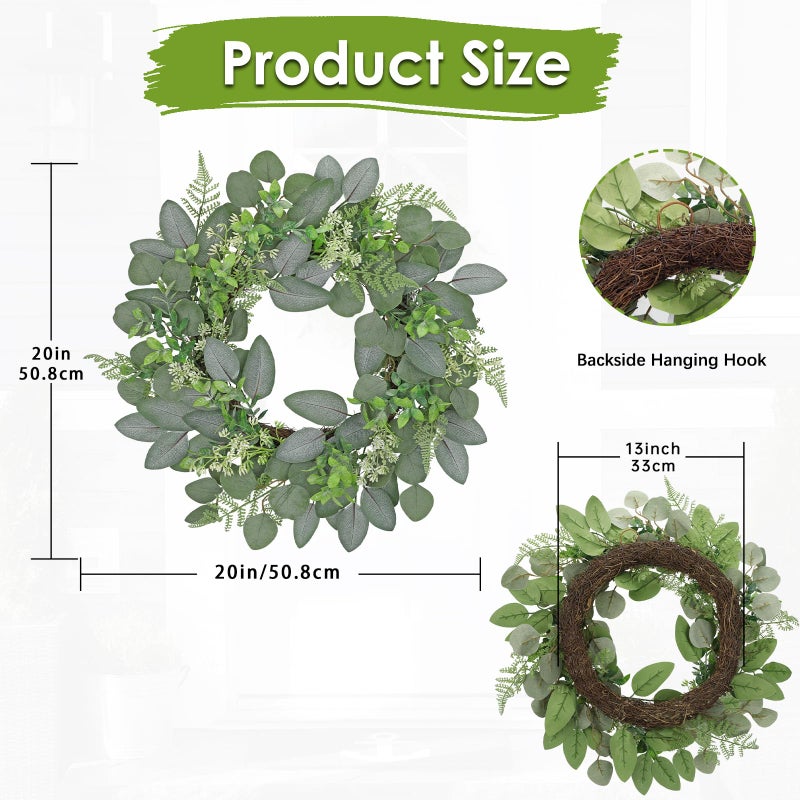 Briful 20in Seeded Eucalyptus Door Wreath Spring Summer Greenery Wreath Fake Eucalyptus Leaves Hanging Wreath for Home Wall Kitchen Outdoor Porch Decor - Image 2