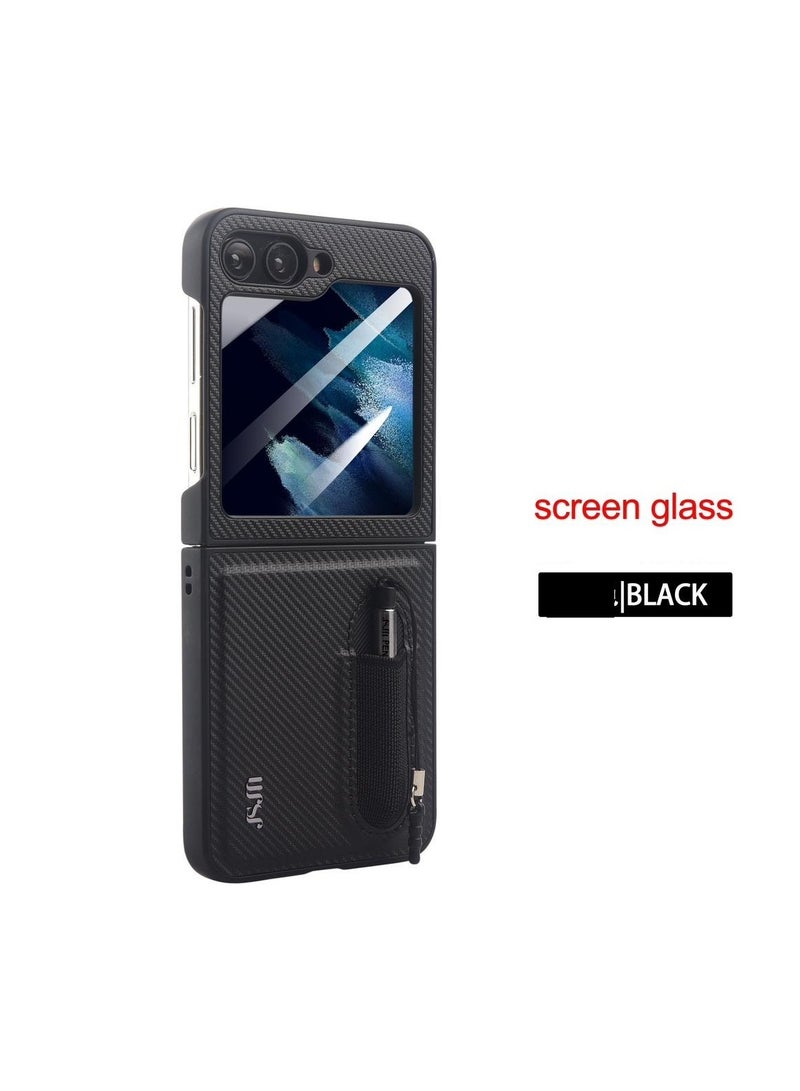 FLIP 6 -JSJM BACK CASE CARBON WITH PEN + GLASS COVER CASE FOR SAMSUNG GALAXY FLIP 6 ( Design - 118 ) [Black Color]