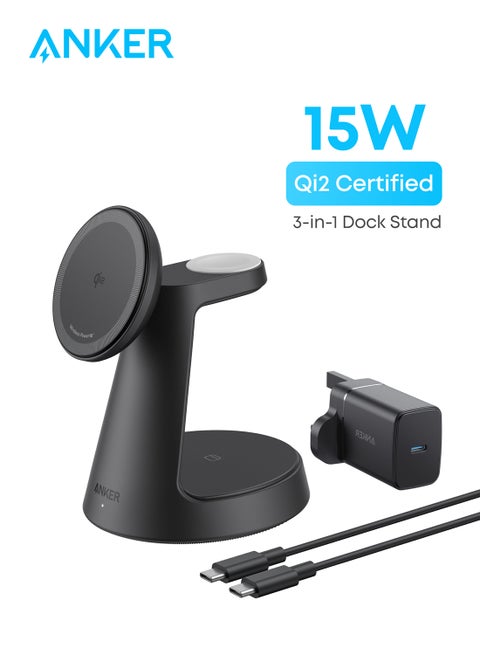 MagGo Magnetic Wireless Charger (Dock Stand), 3-in-1 Qi2 Certified 15W MagSafe Compatible Wireless Charger, For iPhone 17/16 Series, Apple Watch, AirPods Pro, and More (Adapter Included