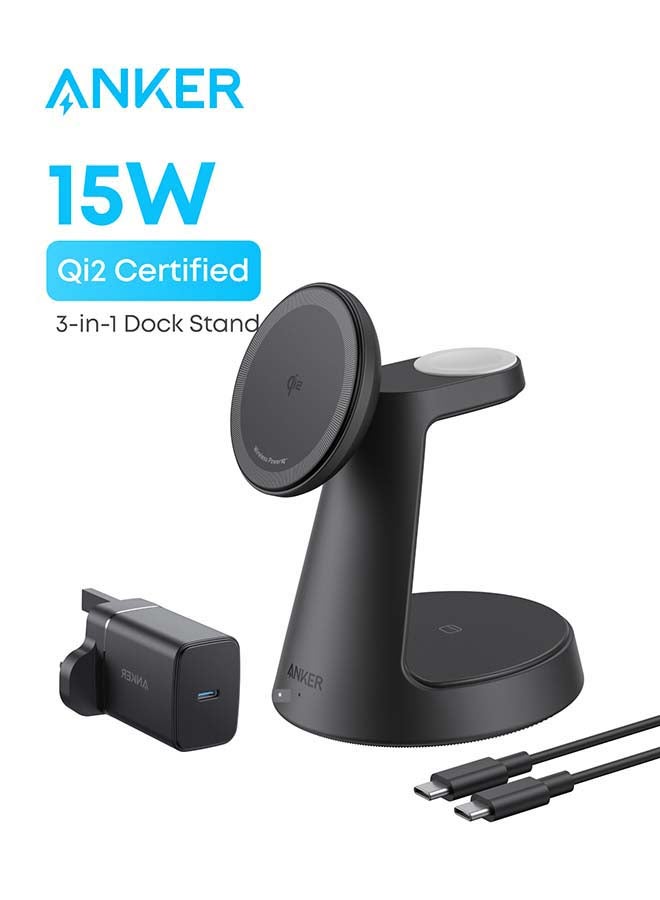 MagGo Magnetic Wireless Charger (Dock Stand), 3-in-1 Qi2 Certified 15W MagSafe Compatible Wireless Charger, For iPhone 17/16 Series, Apple Watch, AirPods Pro, and More (Adapter Included