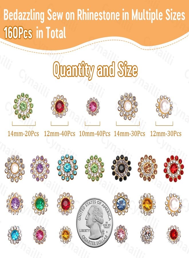 Cynailli 160 Pcs Jewels for Crafting, Colors Flower Sew on Rhinestones for Bedazzling, 14 mm Crystal Gems with Flower Metal Base, Flatback Rhinestones for Crafts Clothes Hats Bags & Sewing Accessories - Image 2