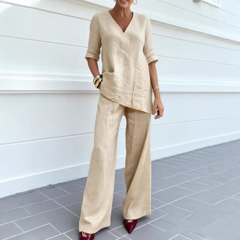 Women's Loose Fit Casual Short Sleeve Top and Long Pants Two-Piece Set - Image 1