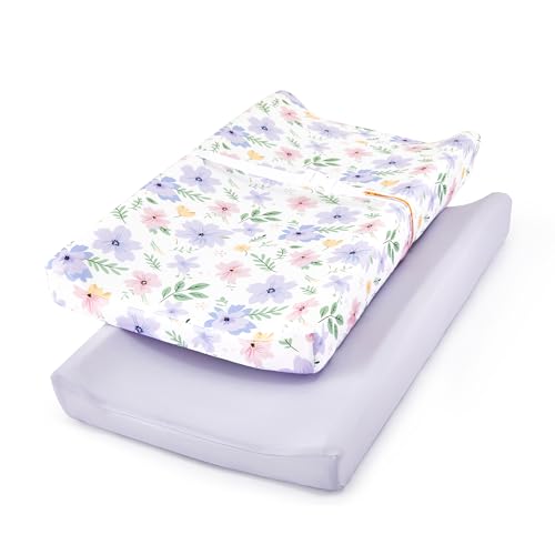 TILLYOU Changing Pad Cover Girl Set in Soft Jersey Material Fits 3234x16 Contoured Pad for Babies Brilliant Little Flowers and Purple - Image 1