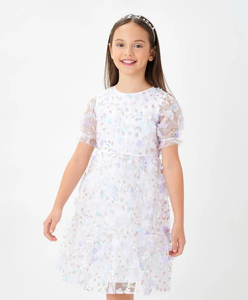 Primo Gino Primo Gino Half Sleeves Party Frock With Sequins & 3D Flowers Applique -Light Blue