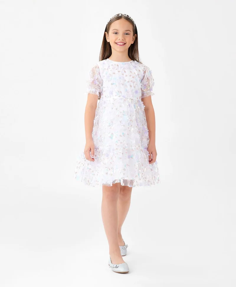 Primo Gino Primo Gino Half Sleeves Party Frock With Sequins & 3D Flowers Applique -Light Blue