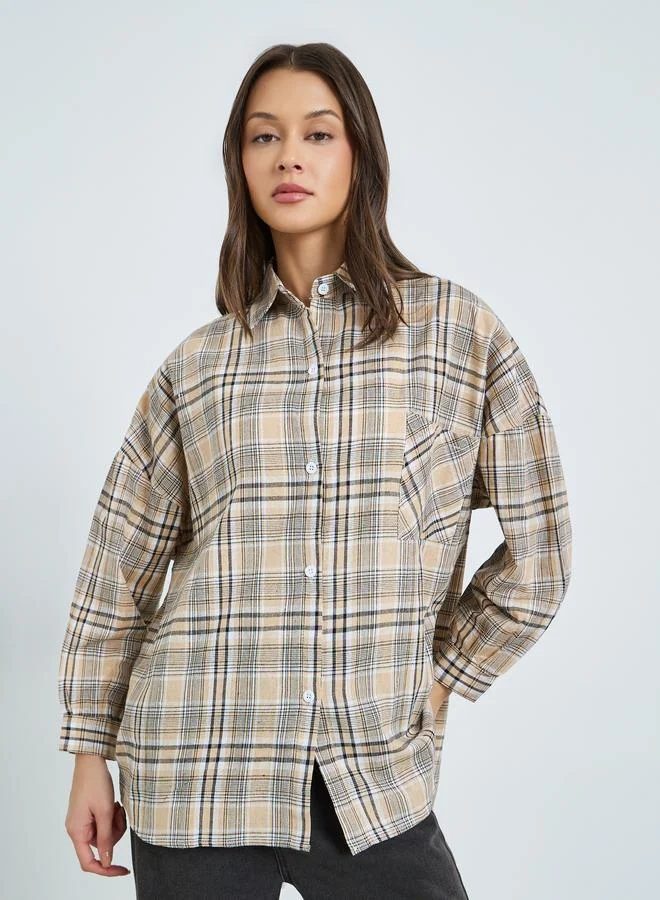 Styli Khaki Plaid Oversized Long Sleeve Shirt